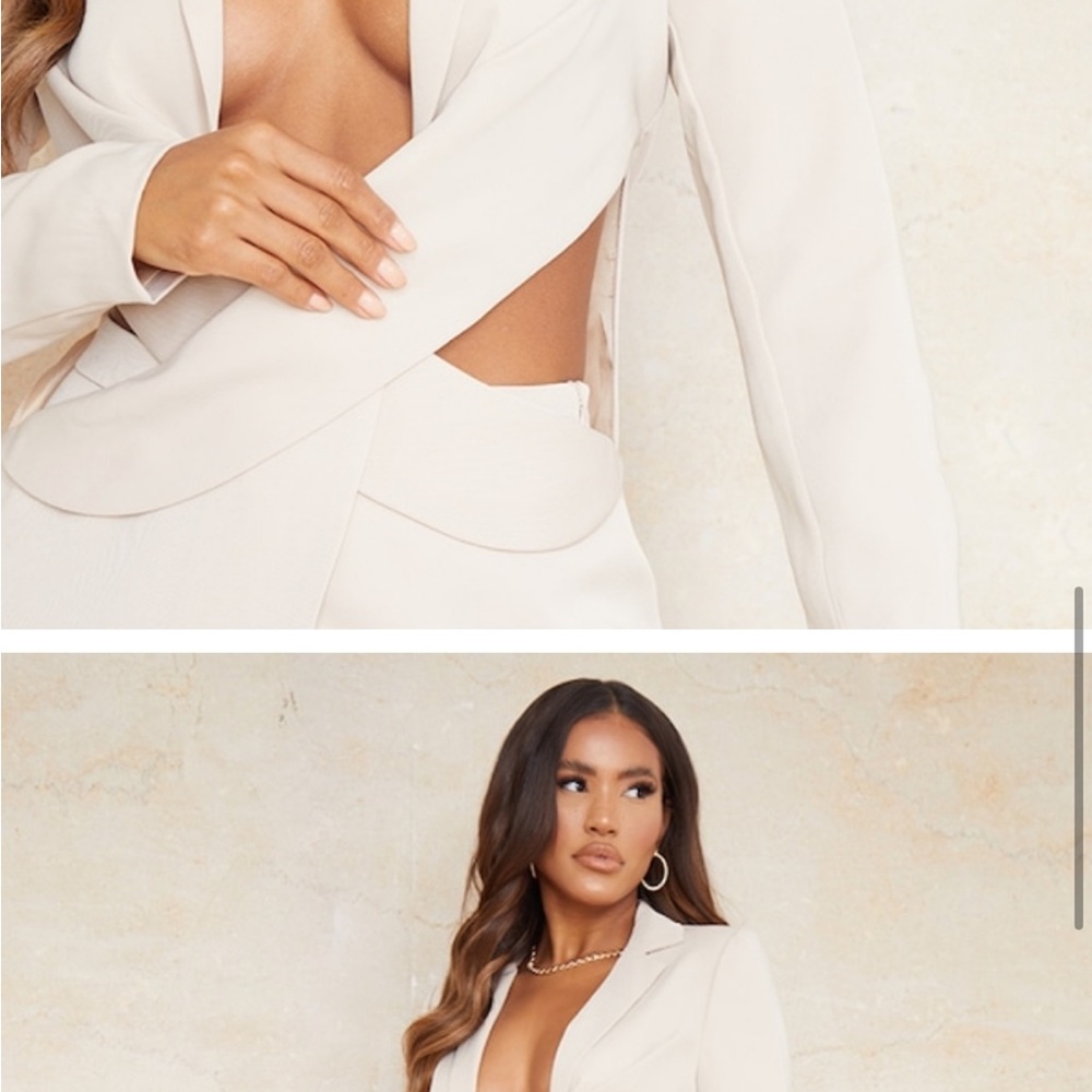 PRETTY LITTLE THING Stone Woven Tailored Cut Out Waist Wrap Over Blazer size 12 - Picture 3 of 5